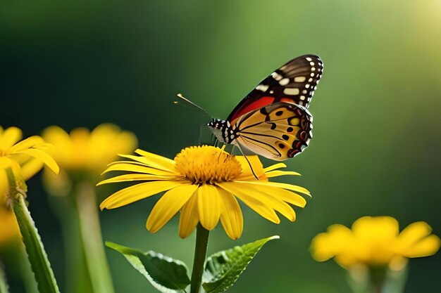 Un papillon sur une fleur avec un fond vert