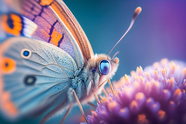 Un papillon sur une fleur avec un fond violet