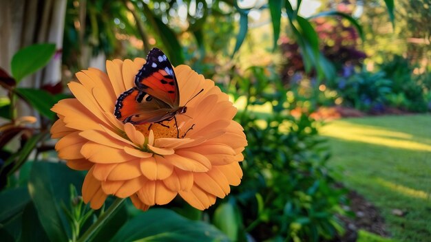 Papillon sur une fleur d'orange dans le jardin