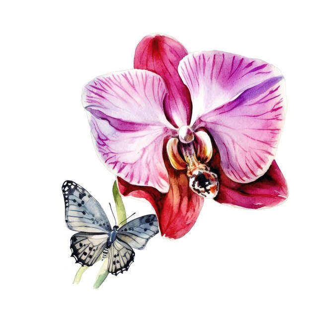 Un papillon et une fleur d'orchidée avec un papillon dessus.