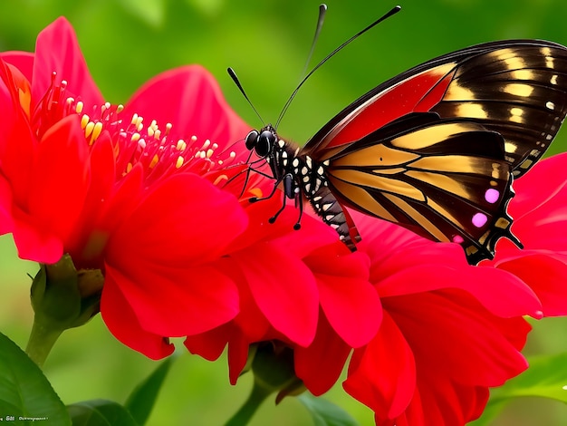 un papillon sur une fleur rouge