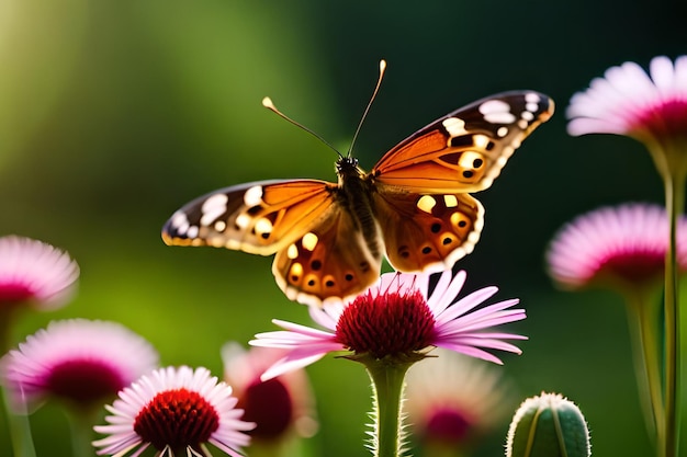 Un papillon sur une fleur avec le soleil qui brille dessus.