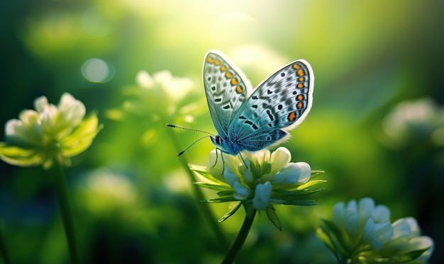 Papillon sur la fleur de trèfle au printemps en été dans les rayons