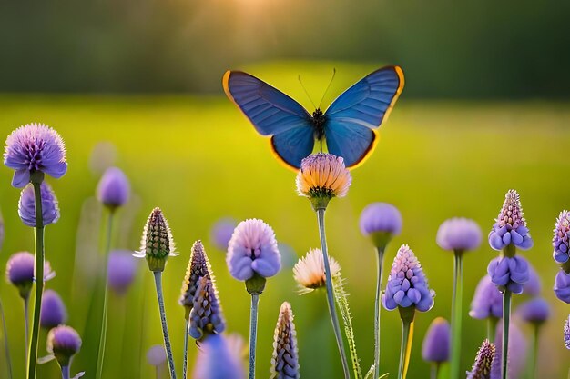 Photo papillon sur une fleur violette au soleil