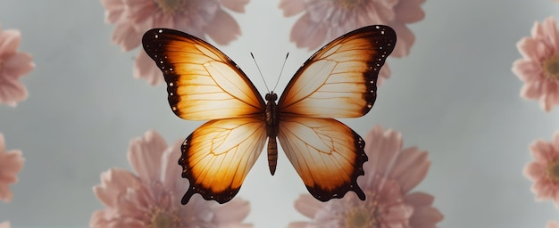 Le papillon à fleurs ailées 3D et l'unité des fleurs dans la nature CloseUp Double exposition Photo Stock