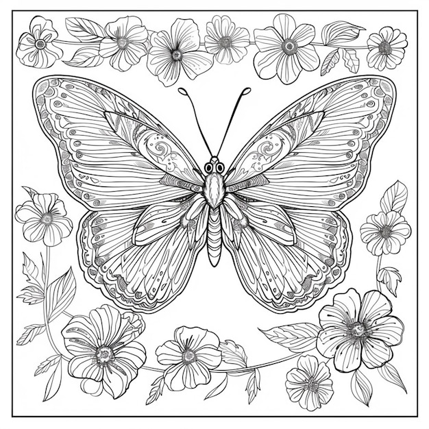 un papillon avec des fleurs et des feuilles sur un fond blanc