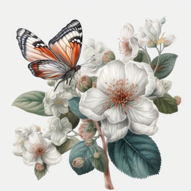 Papillon sur fleurs avec fond blanc IA générative