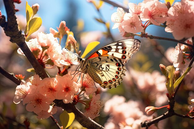 Papillon sur les fleurs et les plantes colorées Scène naturelle calme avec des couleurs de rêve générée par l'IA