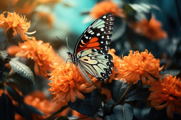 Papillon sur fond de fleurs orange