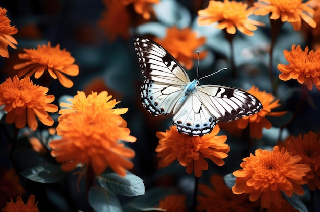 Papillon sur fond de fleurs orange