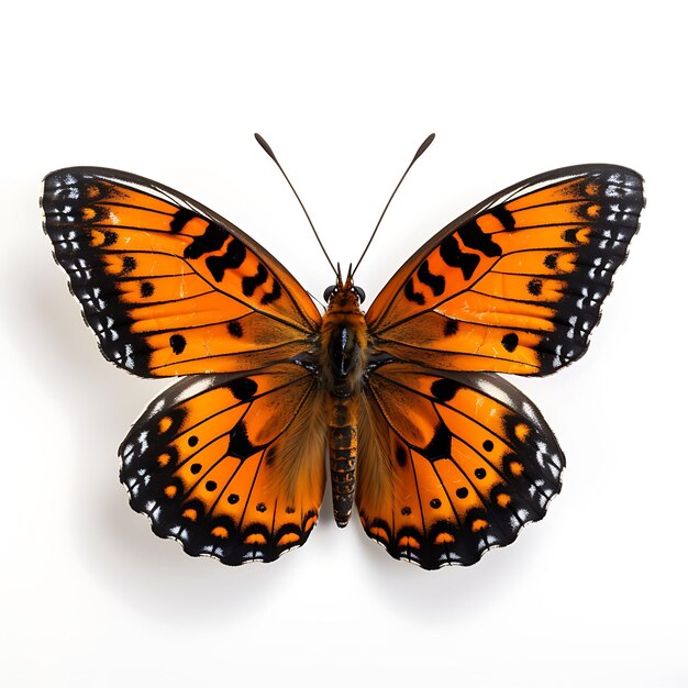 Papillon fritillaire Diana avec ailes orange W sur fond blanc, séance photo vue de dessus de beauté