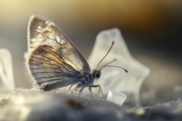 Papillon gelé dans la glace avec un arrière-plan flou du paysage