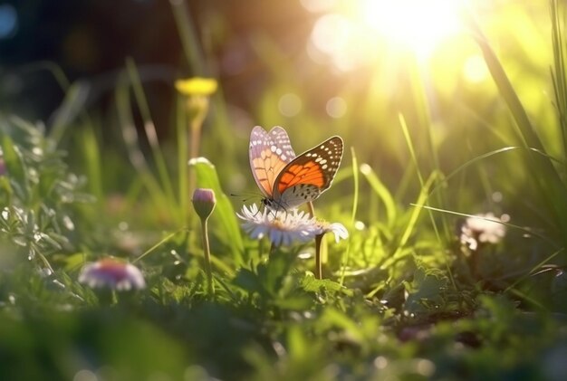 Papillon sur l'herbe verte avec des fleurs et la lumière du soleil arrière-plan flou ai génératrice