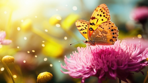 Photo un papillon jaune reposant sur une fleur rose dans la nature