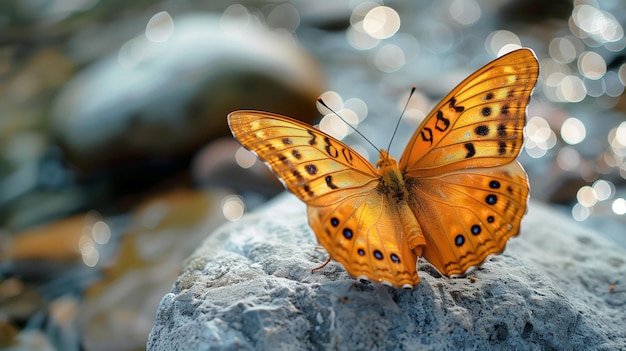 Un papillon jaune avec des taches noires est assis sur le sol vue rapprochée