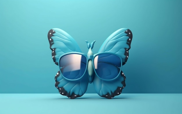 Papillon avec des lunettes de soleil sur fond bleu