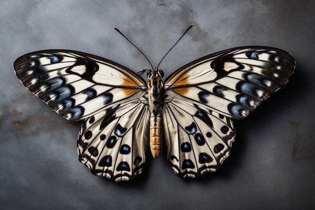 Un papillon avec des marques bleues et noires est posé sur une surface grise.