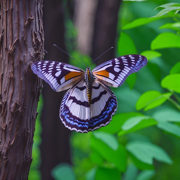 Photo un papillon avec des marques noires et blanches est sur un tronc d'arbre.