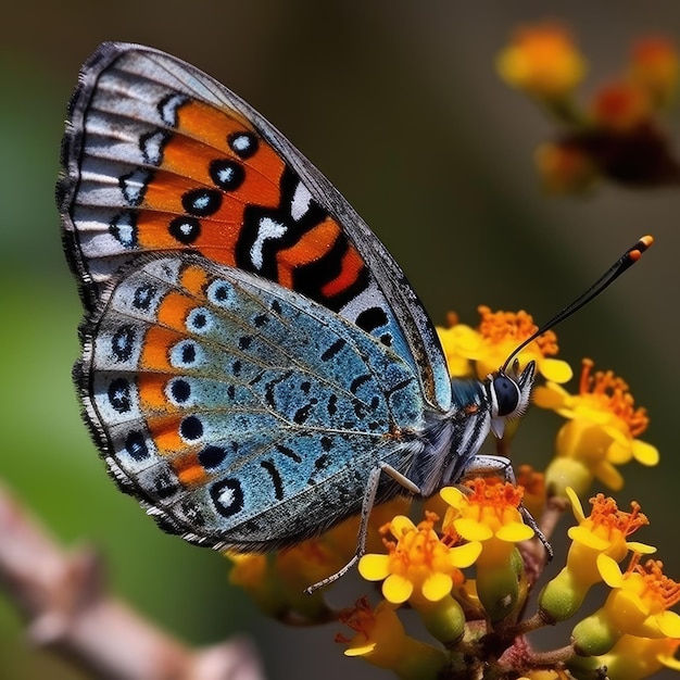 Un papillon avec des marques orange et noires et des points bleus est assis sur une feuille.