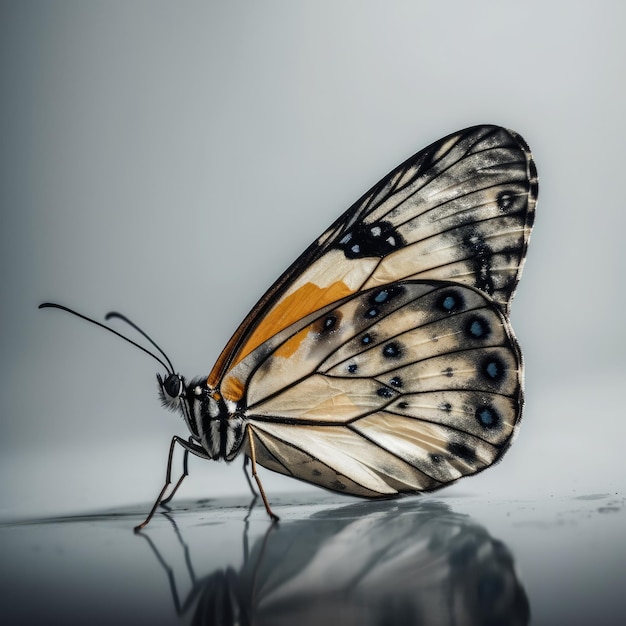 Un papillon avec des marques orange et noires se trouve sur une surface grise.