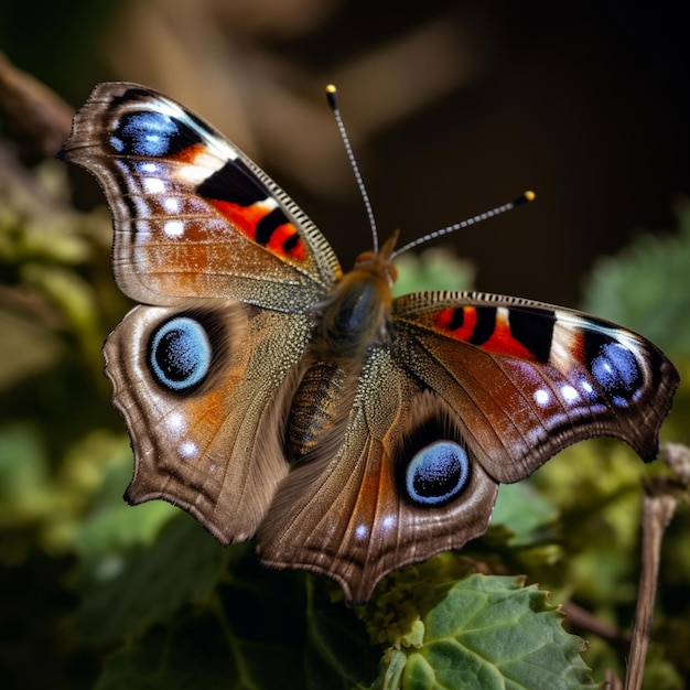 Un papillon avec des marques rouges et noires est assis sur une feuille.