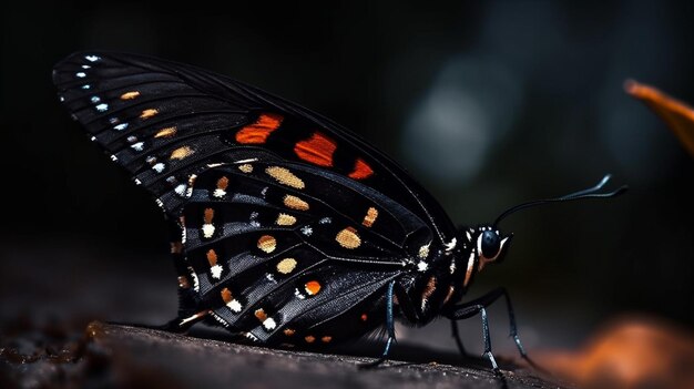 Un papillon avec des marques rouges et noires est assis sur un rocher.