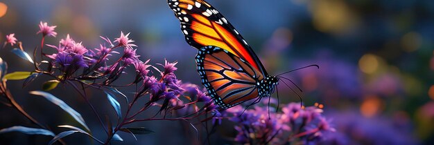 Photo le papillon monarque sur la bannière de fleur d'aster pourpre pour le site web