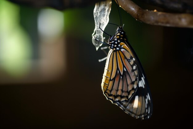 Un papillon monarque est suspendu à une branche avec une goutte d'eau claire.