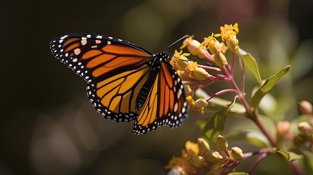 Un papillon monarque est vu sur une fleur.