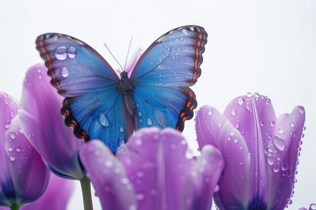 Photo un papillon morphe bleu sur une tulipe violette avec des gouttes d'eau