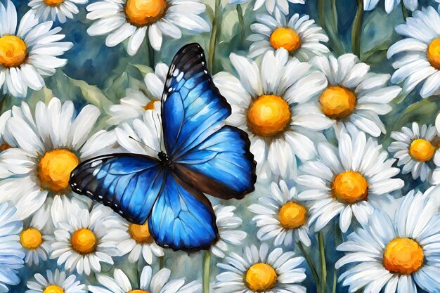 Photo papillon morpho tropical bleu coloré sur des fleurs de marguerite délicates peintes