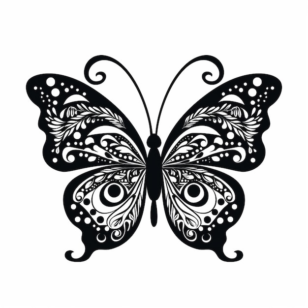 un papillon noir et blanc avec des ailes tourbillonnantes sur fond blanc ai générative