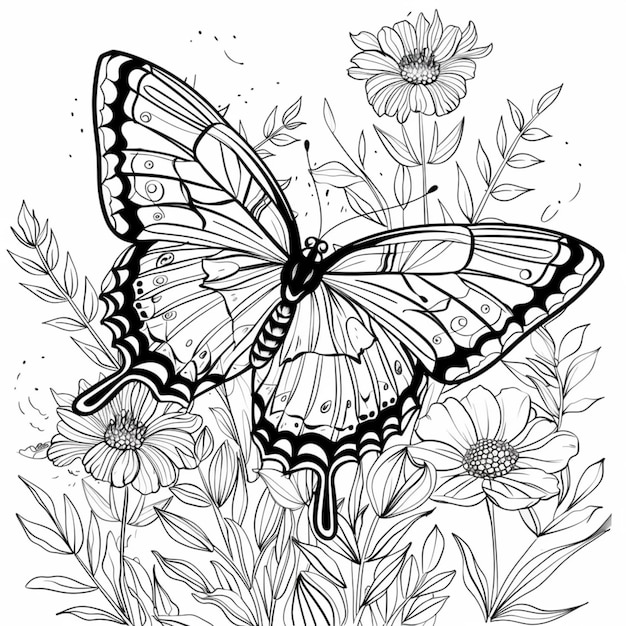 un papillon noir et blanc assis sur le dessus d'une fleur générative ai