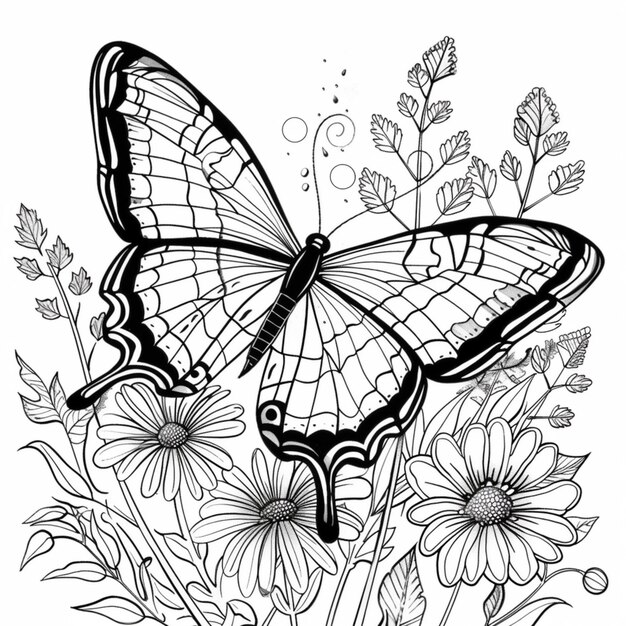 un papillon noir et blanc avec des fleurs et des feuilles génératives ai