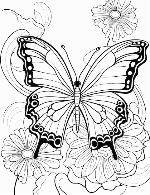 Un papillon noir et blanc avec des fleurs et un papillon dessus ai générative