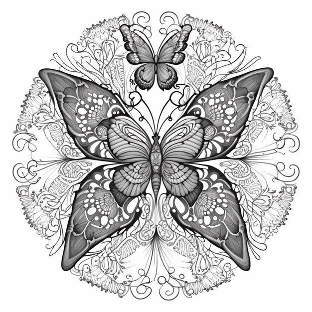 un papillon noir et blanc avec des motifs ornés sur lui