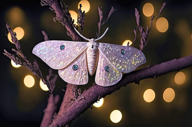 Photo un papillon de nuit sur une branche avec des lumières en arrière-plan