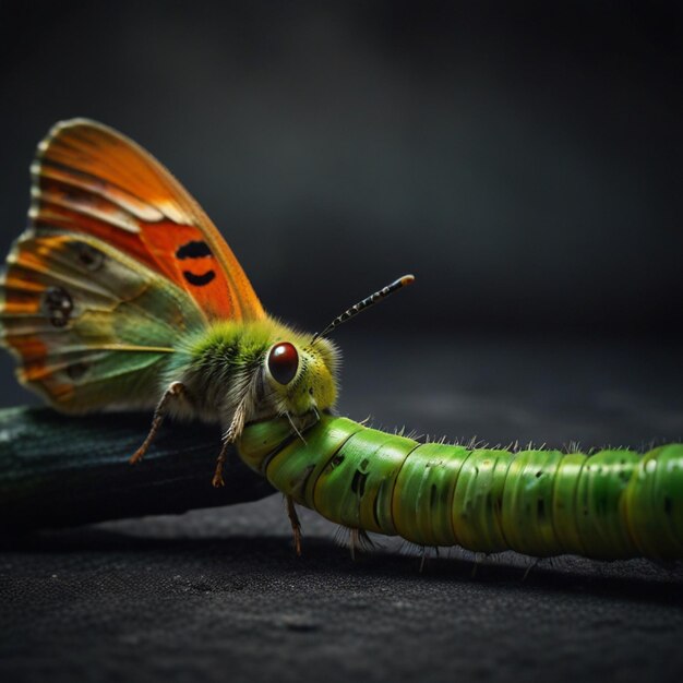 un papillon de nuit avec un œil rouge et une chenille verte