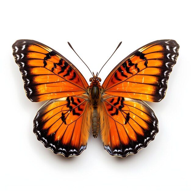 Papillon orange endormi avec des ailes orange dorées El sur fond blanc, séance photo vue de dessus de beauté