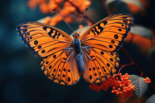 Un papillon orange vibrant sur des baies