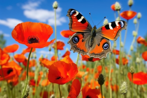 Photo un papillon paon reposant sur un coquelicot rouge