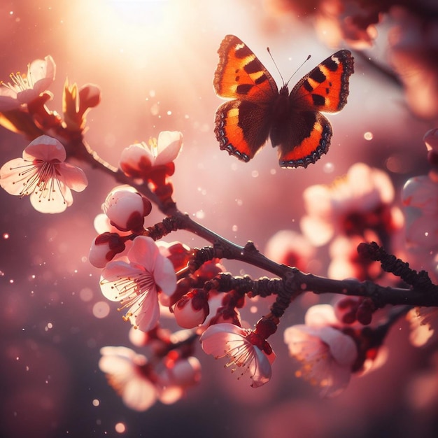 papillon sur un papier peint de cerise en fleur