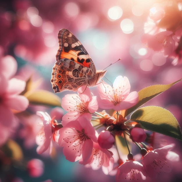 papillon sur un papier peint de cerise en fleur