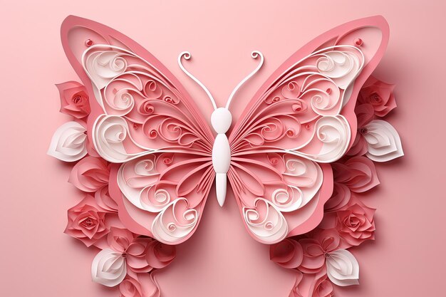 Un papillon de papier rose avec des roses dessus