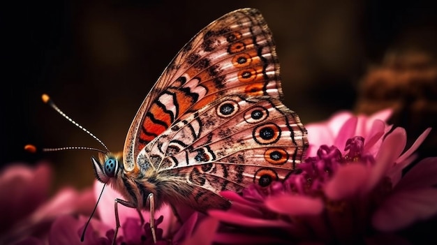 Un papillon avec un papillon sur ses ailes est sur une fleur.