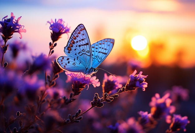 un papillon papillons et une fleur de lavande au lever du soleil sur un fond avec des rayons de soleil dans le style orange clair et indigo clair wimmelbilder