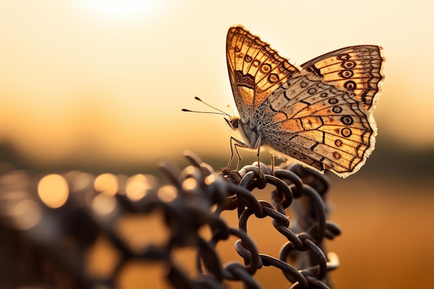 Un papillon perché sur un poteau de clôture altéré avec un focus doux créant une atmosphère nostalgique