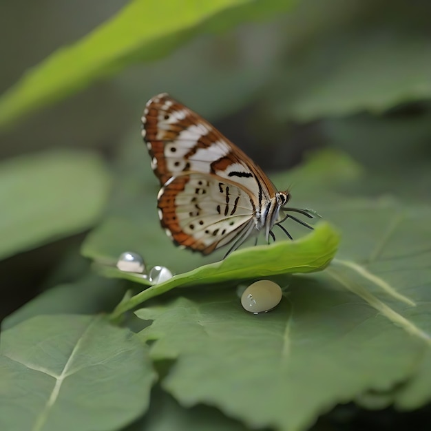 Photo le papillon pond soigneusement ses œufs sur une feuille.