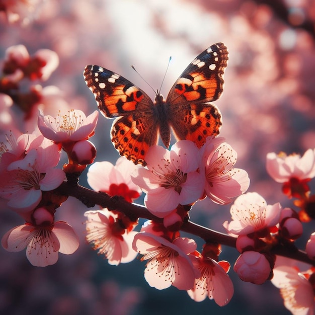 un papillon qui atterrit sur une branche de cerise en fleur