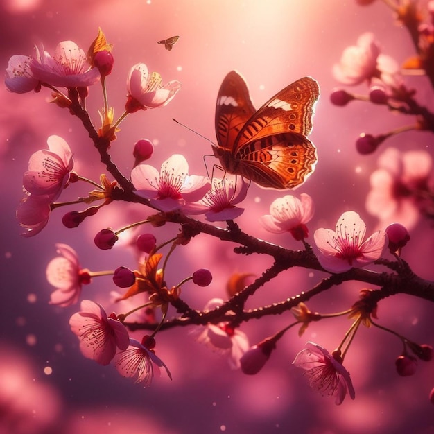 un papillon qui atterrit sur une branche de cerise en fleur